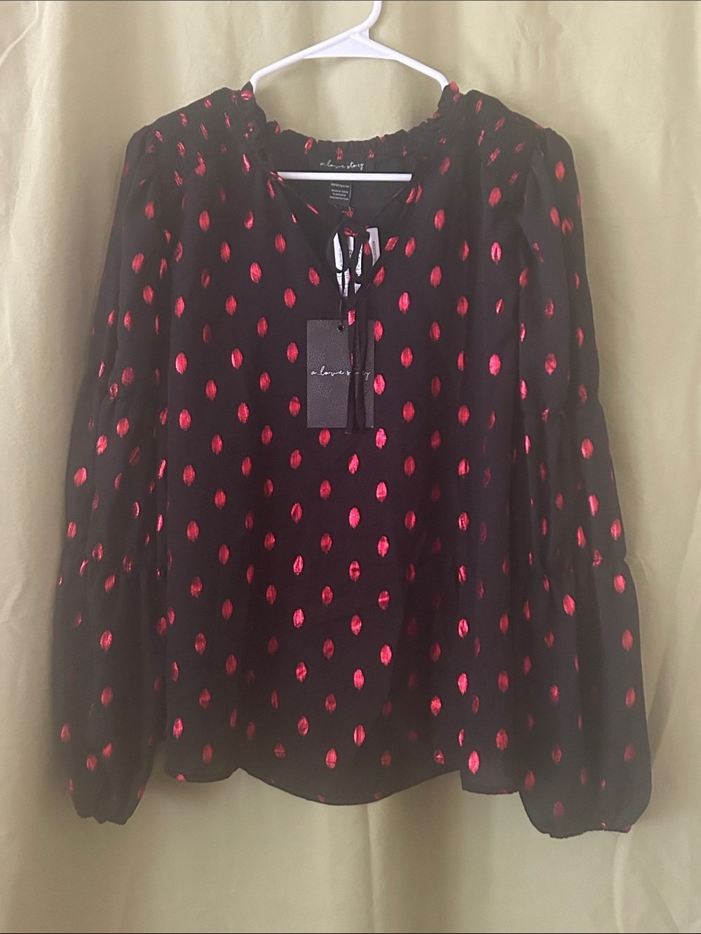 Women’s Black Peasant Blouse with Red Spot Print